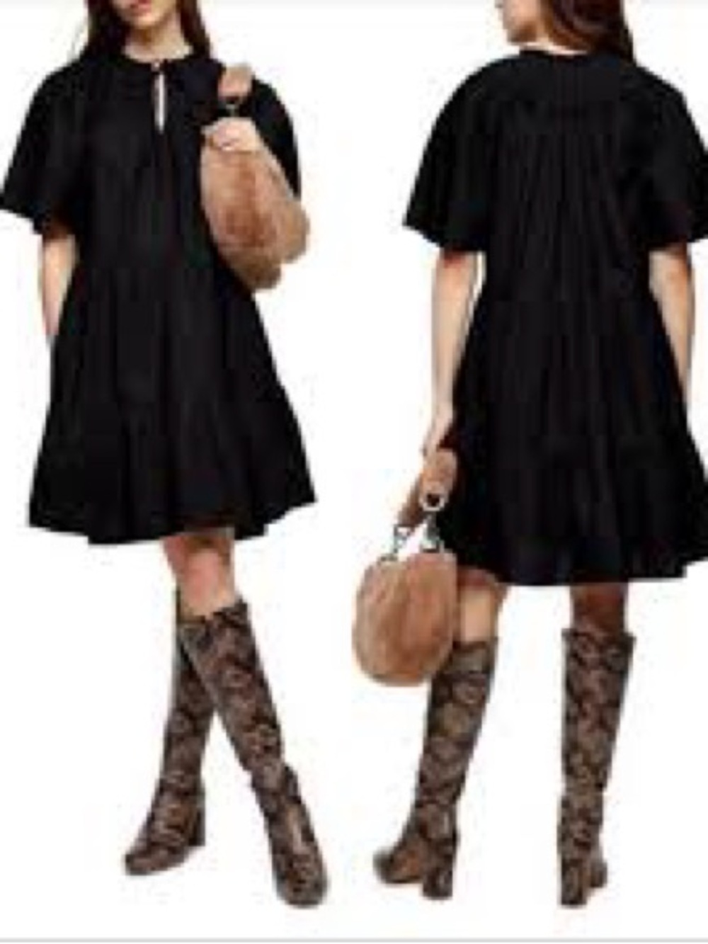 Topshop Women Smocked Poplin Babydoll Mini Dress Tiered Ruffles Black size US12